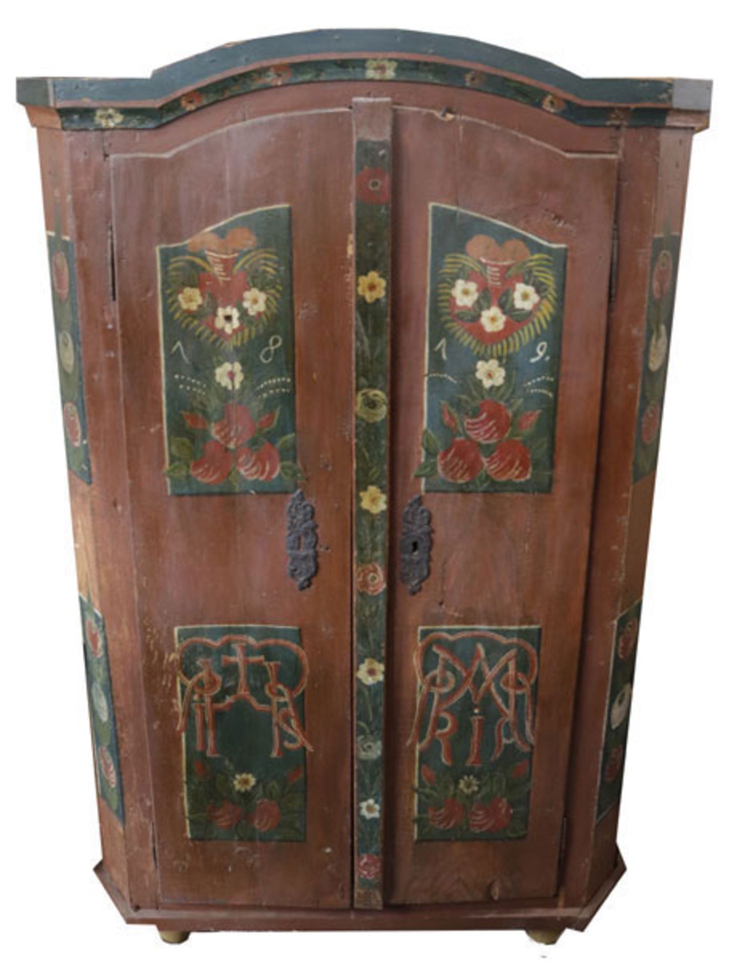 Bauernschrank, Korpus mit Doppeltür, rostbraun mit bunter, bäuerlicher Blumenbemalung, datiert 1819,