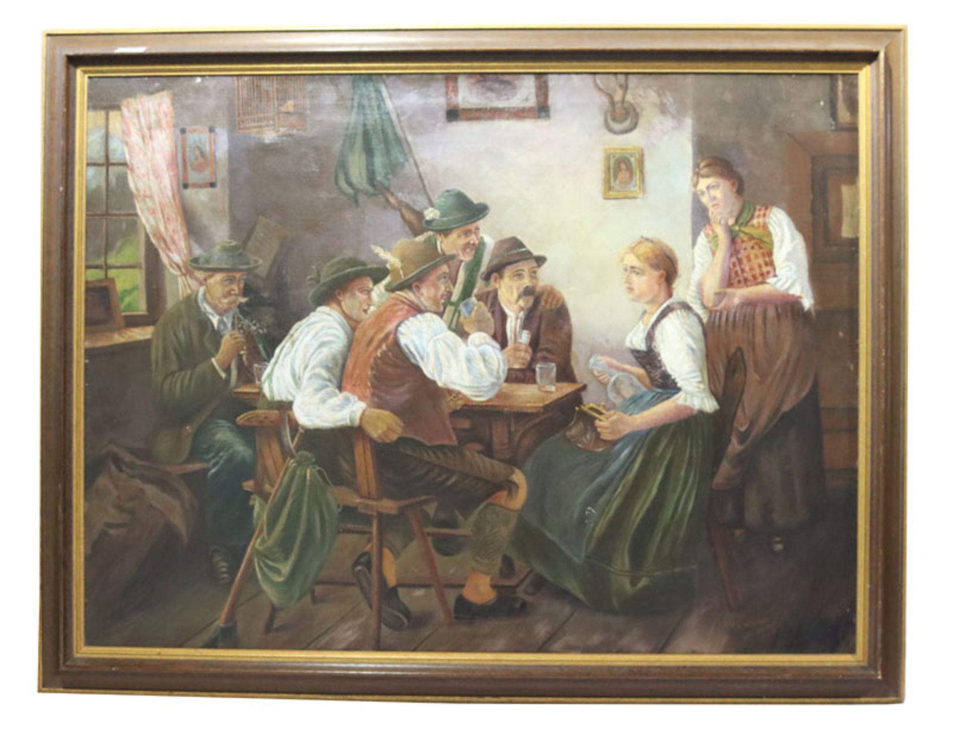 Gemälde ÖL/LW 'Wirtshaus-Szenerie',signiert A. G. Witschar, 1927 München, Bildoberfläche