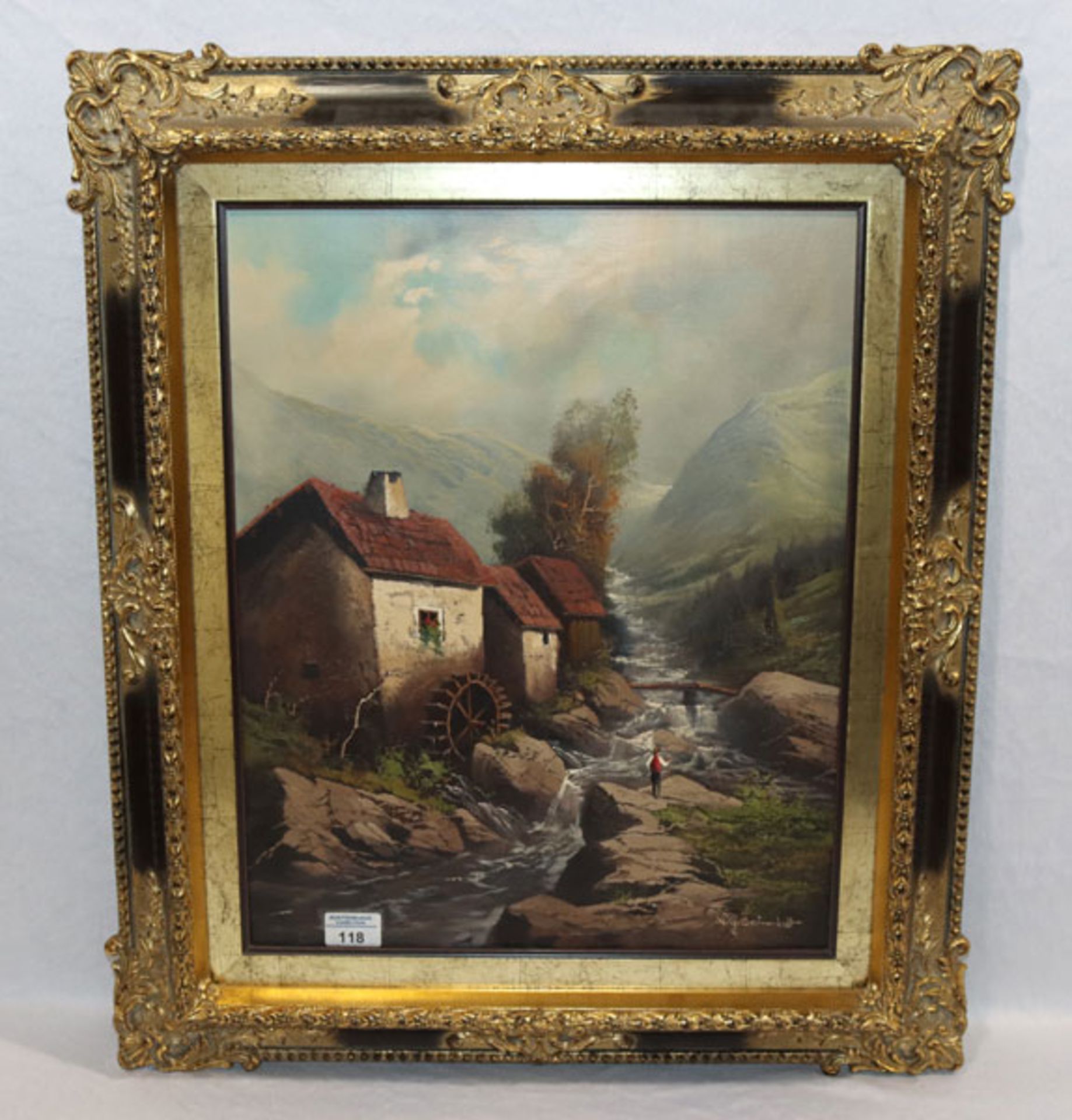 Gemälde ÖL/LW 'Mühle am Bachlauf', signiert N. G. Schmidt, dekorativ gerahmt, incl. Rahmen 68 cm x