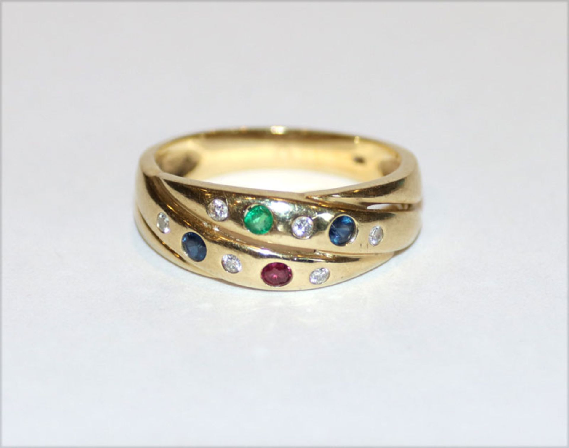 14 k Gelbgold Ring mit Diamanten, Safiren, Rubin und Smaragd, Gr. 55, 4,1 gr.