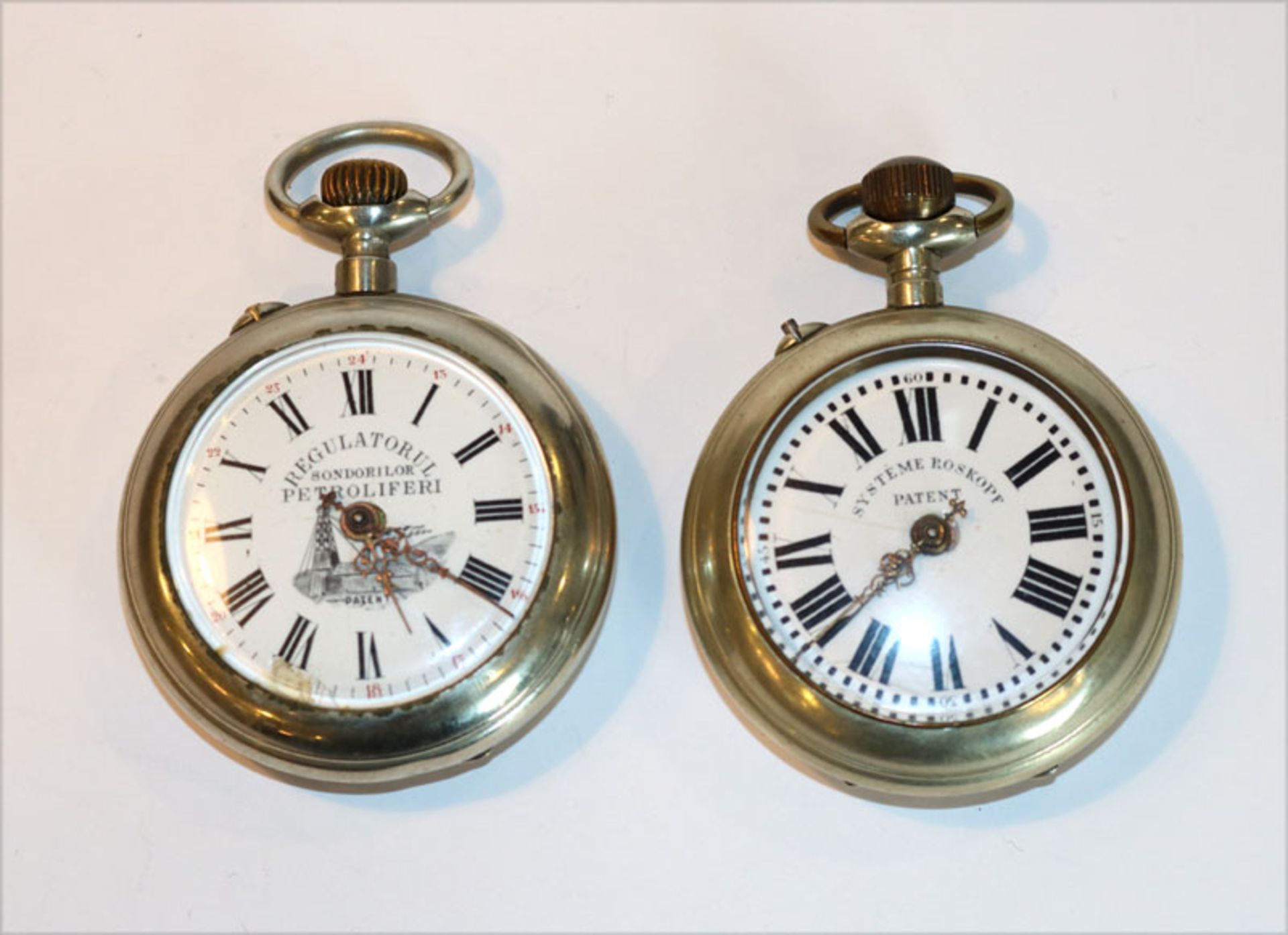 2 Nickel Taschenuhren um 1910, 'Systeme Roskopf Patent' und 'Regulatorul Sondorilor Petroliferi',