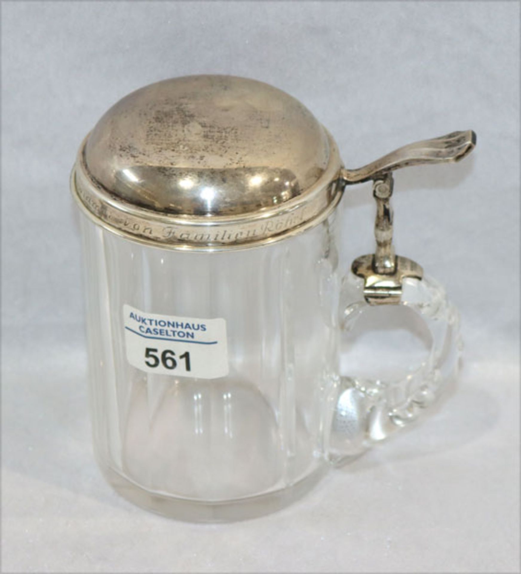 Glasbierkrug mit 800 Silberdeckel, Ed. Wollenweber, München, Deckelrand mit Gravur, H 14,5 cm,