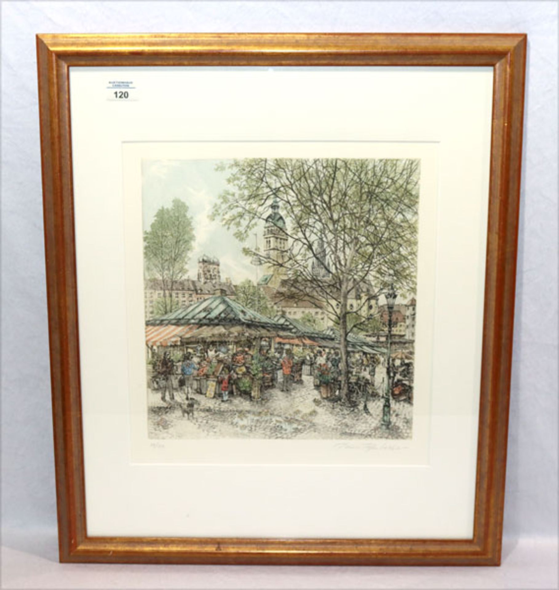 Lithographie 'Viktualienmarkt München', Nr. 38/350, signiert Reiner Tiefenbacher, * 1952, mit