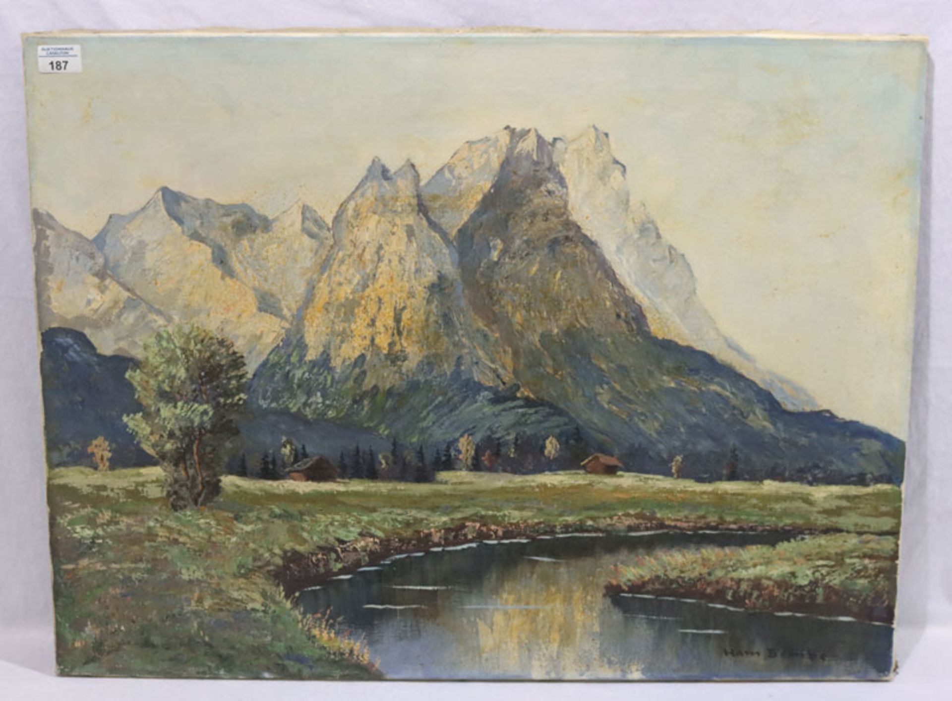 Gemälde ÖL/LW 'Blick aufs Wettersteingebirge', signiert Hans Bombe, deutscher Maler, 20.