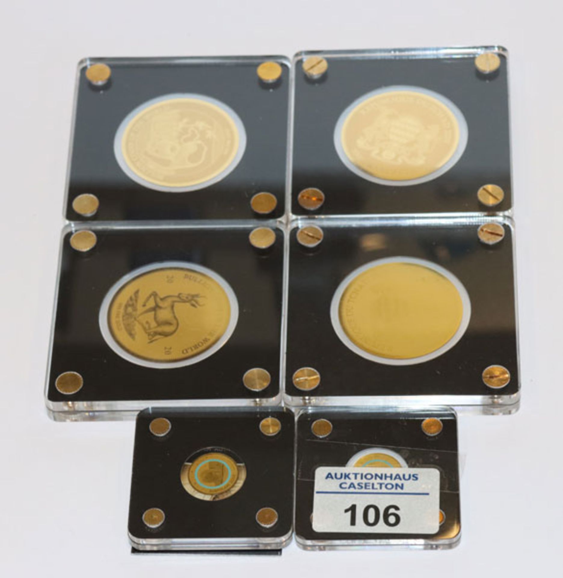 6 Feingold Münzen, 0,746 gr., mit Zertifikaten
