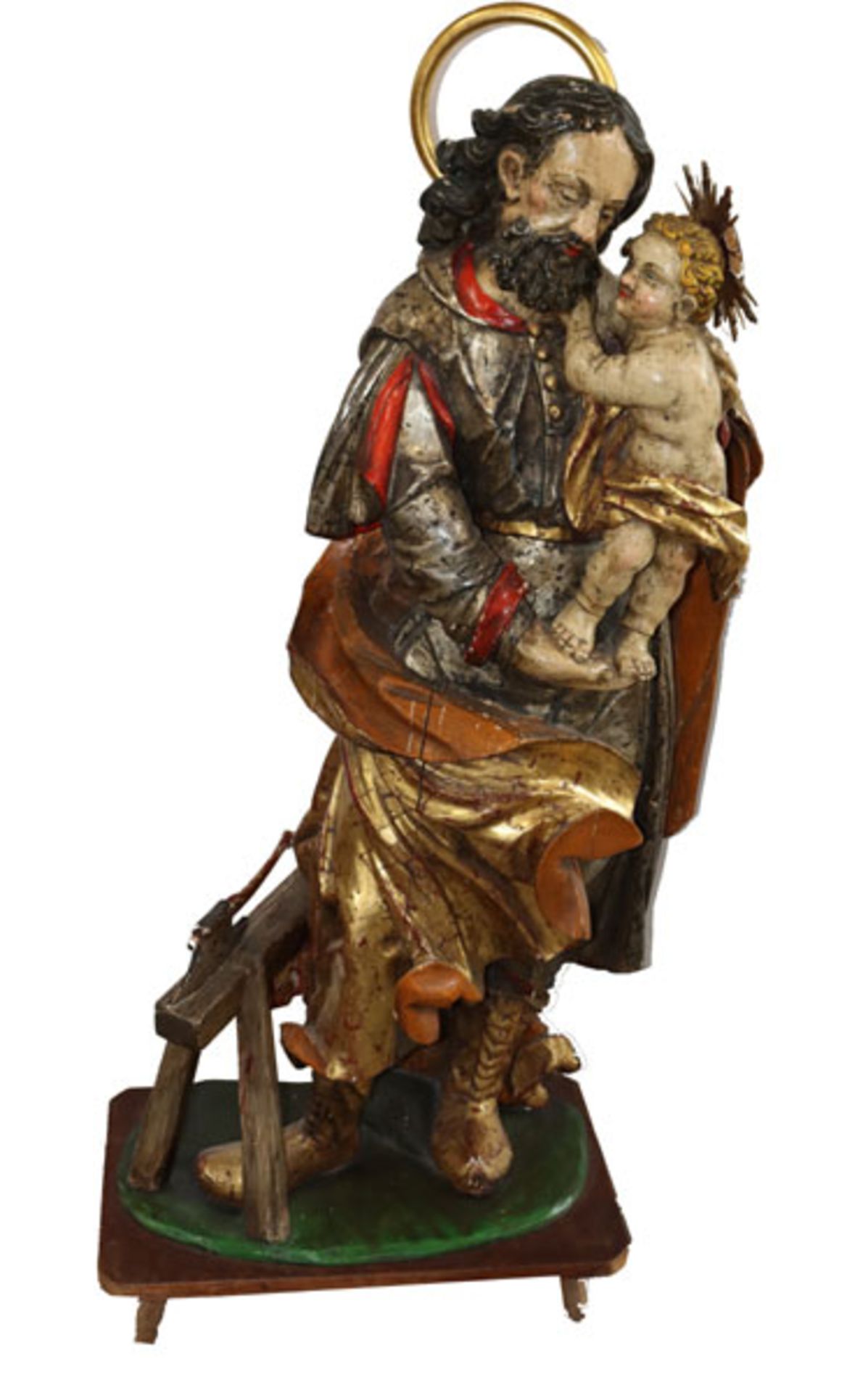 Holz Figurenskulptur 'Heiliger Josef mit Jesuskind', farbig gefaßt, teils Farbablösungen und