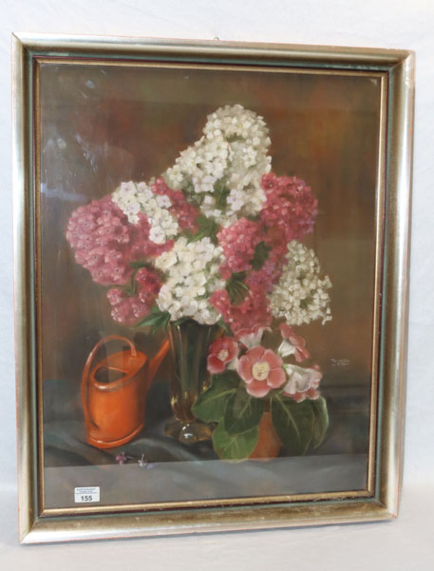 Gemälde Ölkreide 'Blumenstillleben mit Gießkanne', signiert Thanel, 57, unter Glas gerahmt, Rahmen