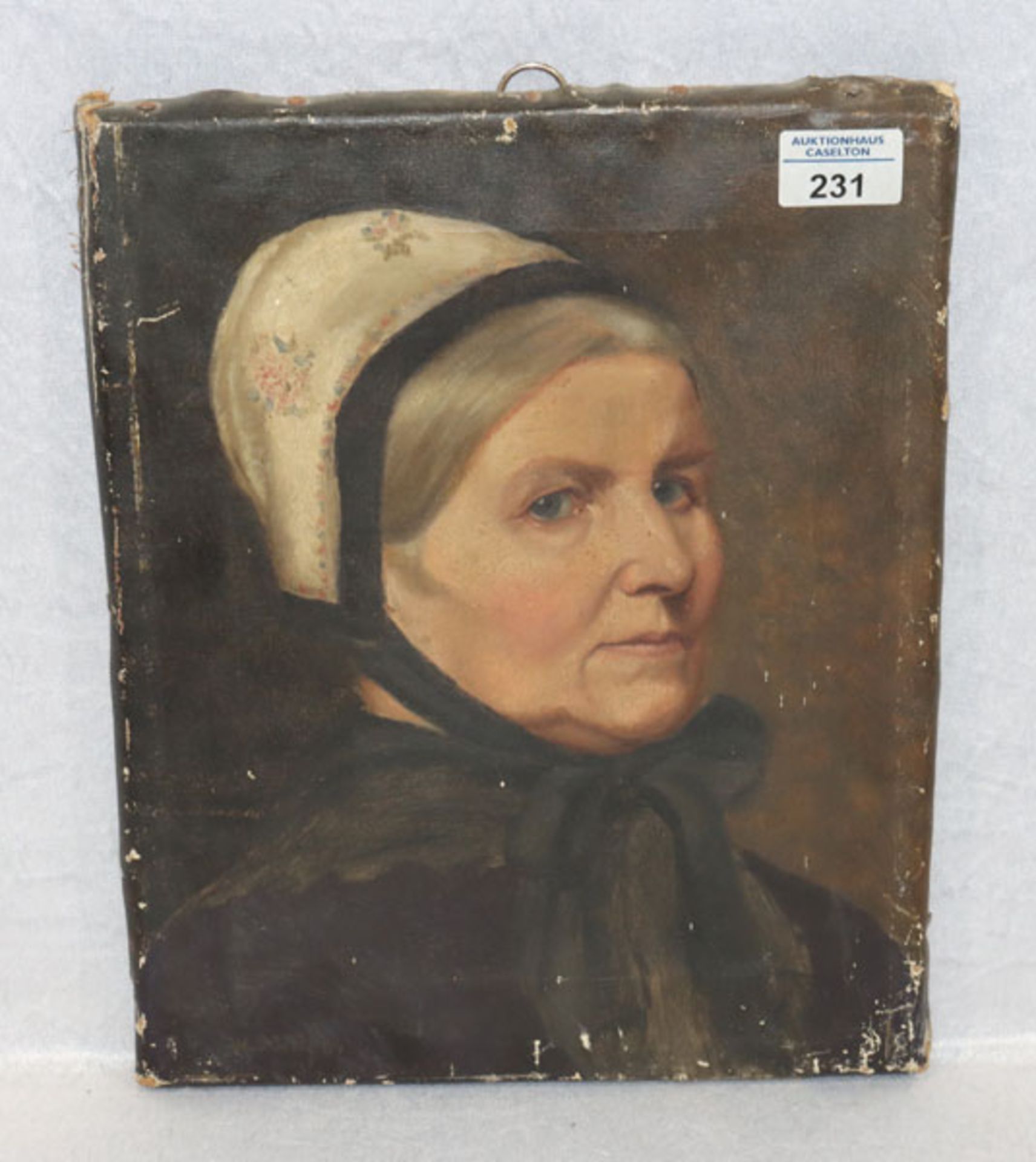 Gemälde ÖL/LW 'Damenbildnis', undeutlich signiert, datiert 84, Bildoberfläche stark beschädigt und