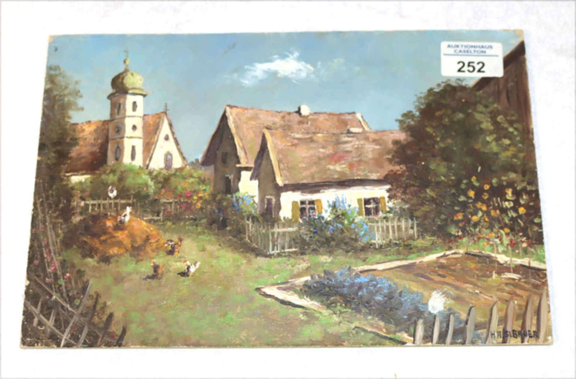 Gemälde ÖL/Malkarton 'Bauernhofidylle', signiert Haselbauer, Paul, * 1919 München + 2016 München-