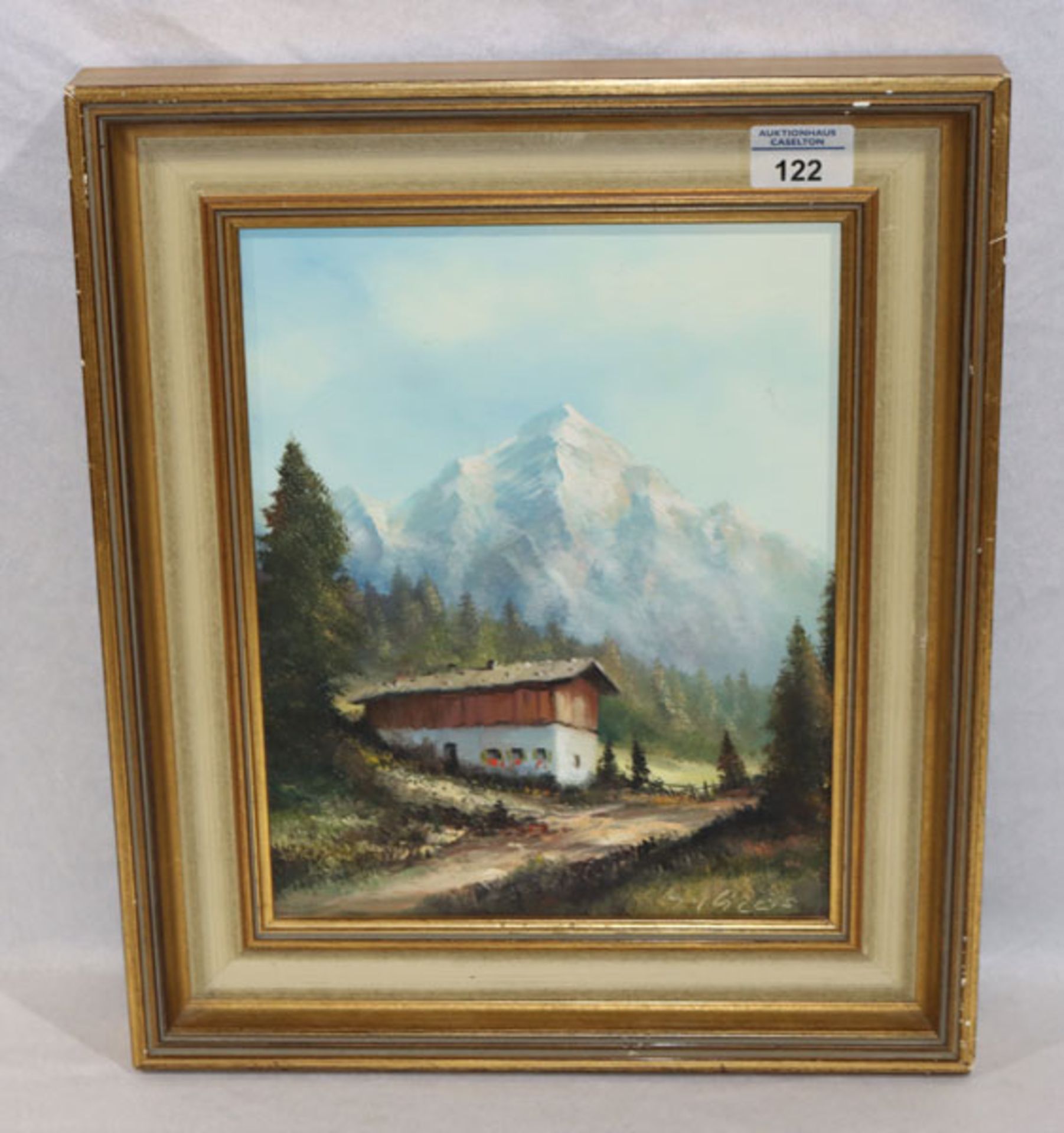 Gemälde ÖL/Hartfaser 'Bauernhaus im Hochgebirge', signiert Keizers, Garmisch, der Maler lebte um