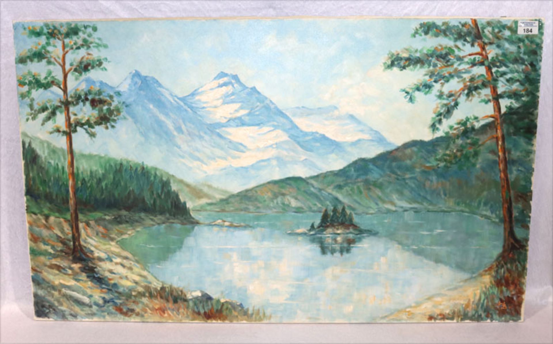 Gemälde ÖL/LW 'See im Hochgebirge', monogrammiert HS 71, ohne Rahmen 60 cm x 100 cm