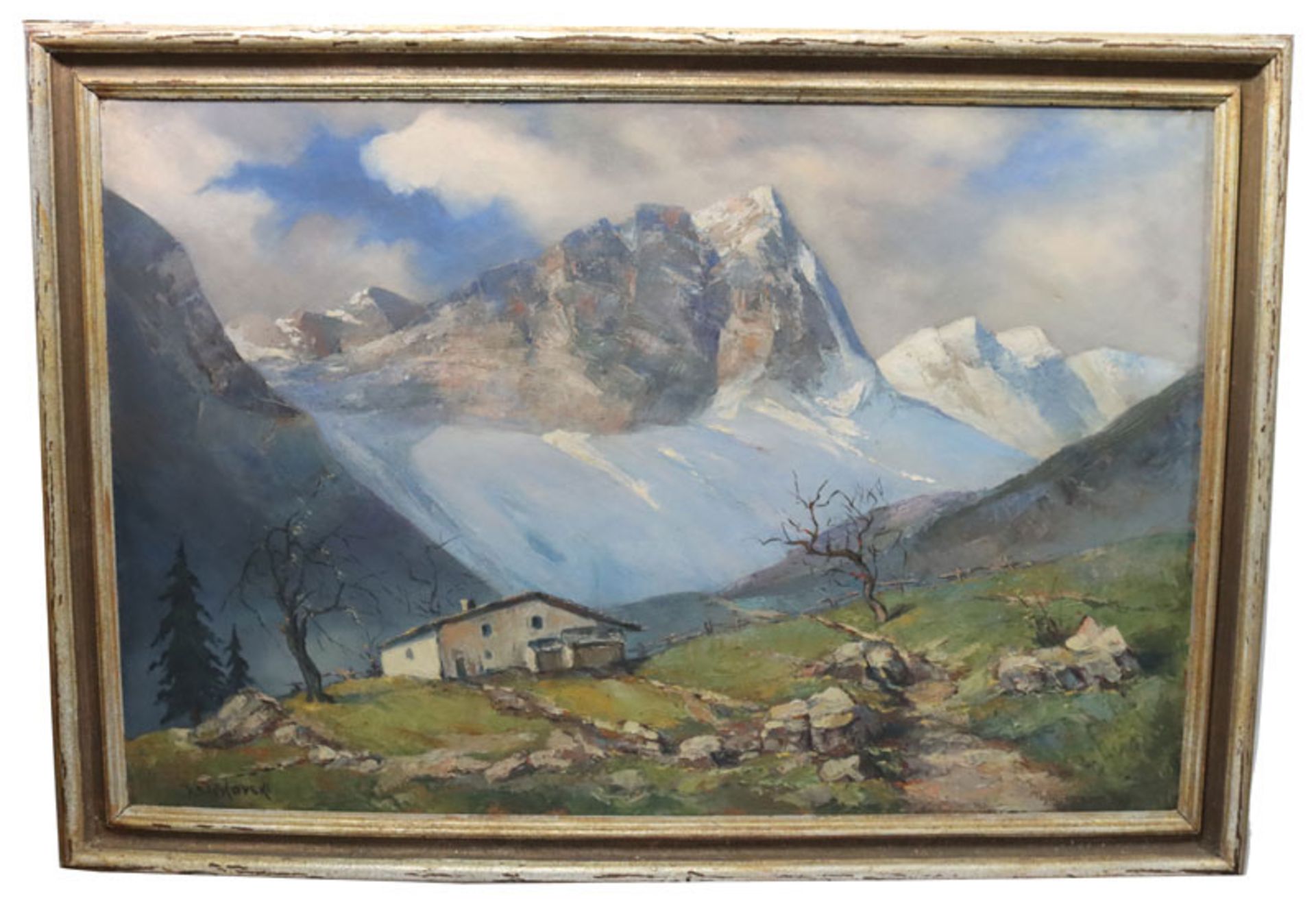 Gemälde ÖL/Hartfaser 'Hochgebirgslandschaft', signiert V. Bickovski, gerahmt, Rahmen bestossen,