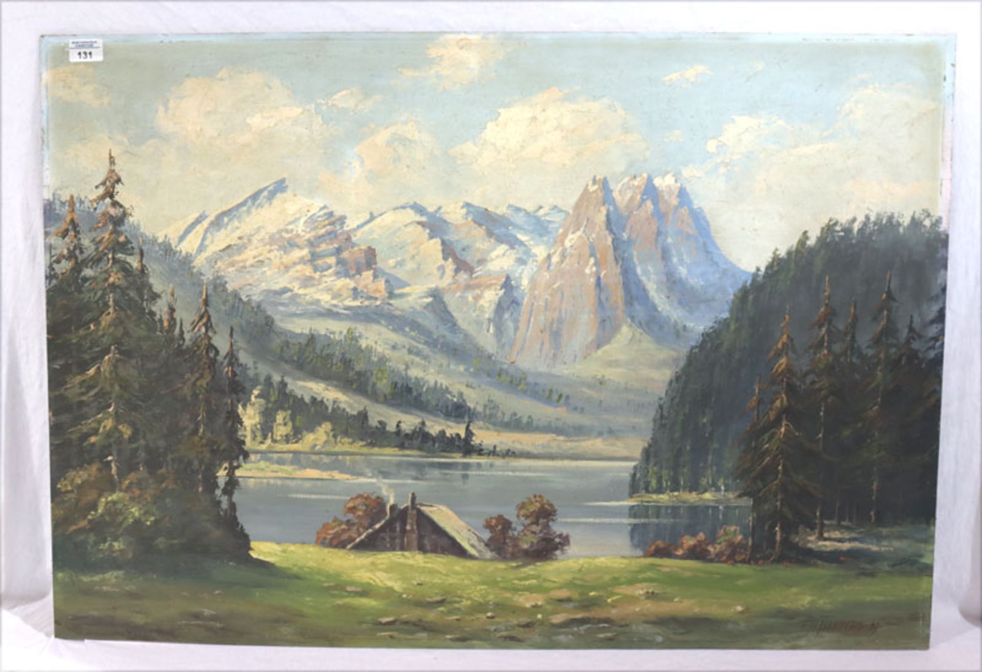 Gemälde ÖL/Holz 'Blick aufs Wettersteingebirge', signiert F. A. Isenberg, datiert 39, Frank August