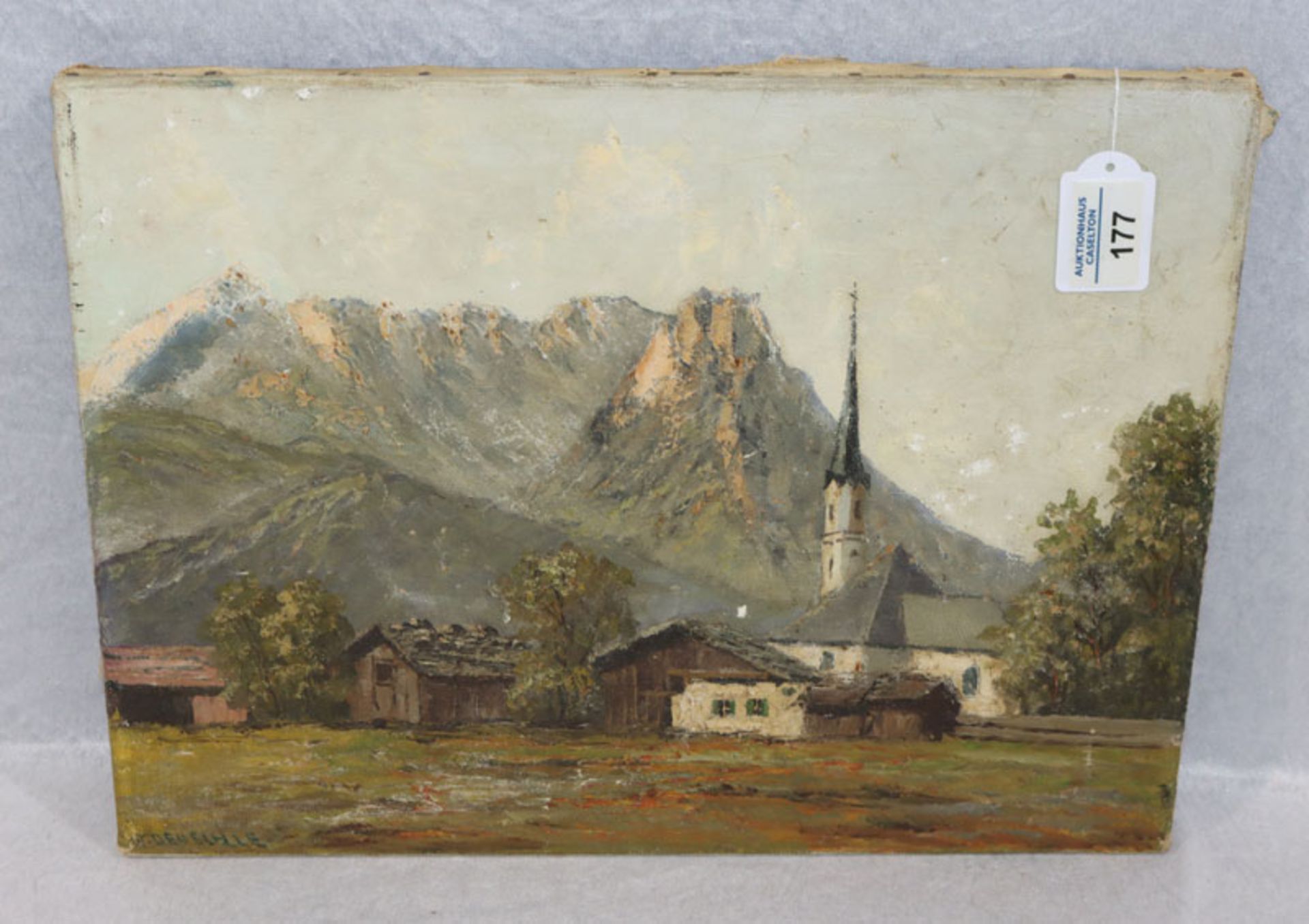 Gemälde ÖL/LW 'Partenkirchen mit Wettersteingebirge', signiert W. (Wilhelm) Deuschle,
