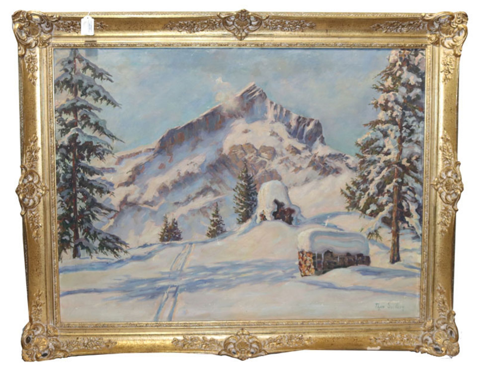 Gemälde ÖL/LW 'Alpspitze im Winter', signiert Theo. Guillery, Theodor Guillery, * 1900 München +