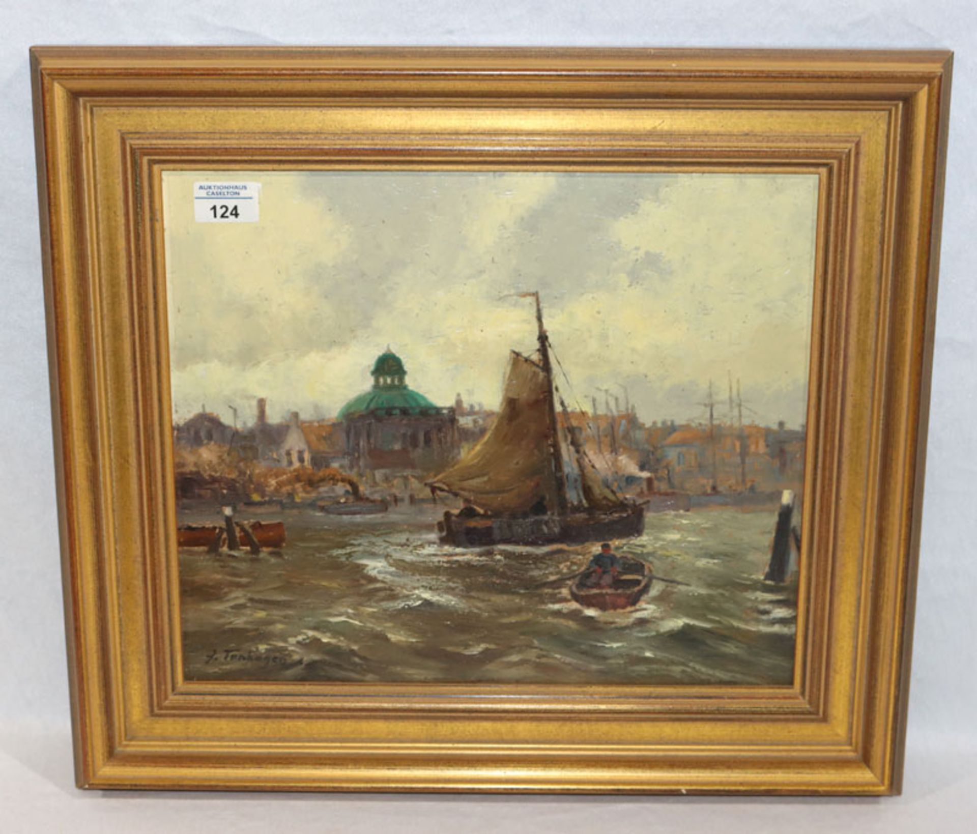 Gemälde ÖL/Holz 'Hafen von Amsterdam', signiert J. Tenhagen, Hans Wacker, alias Jan Tenhagen, * 1868