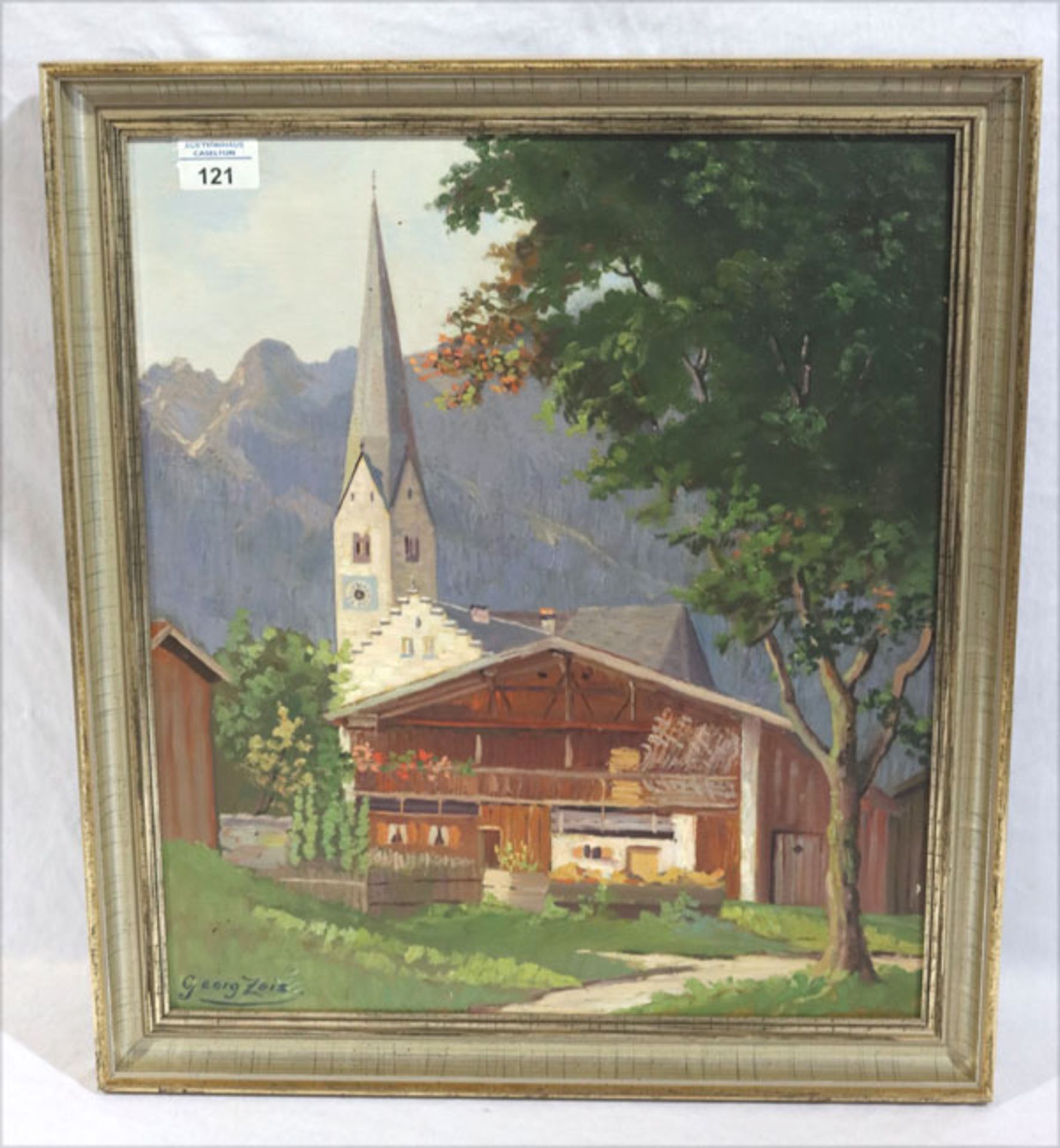 Gemälde ÖL/LW 'Alte Garmischer Kirche mit Messmerhaus', signiert Georg Zeis, Bildoberfläche teils