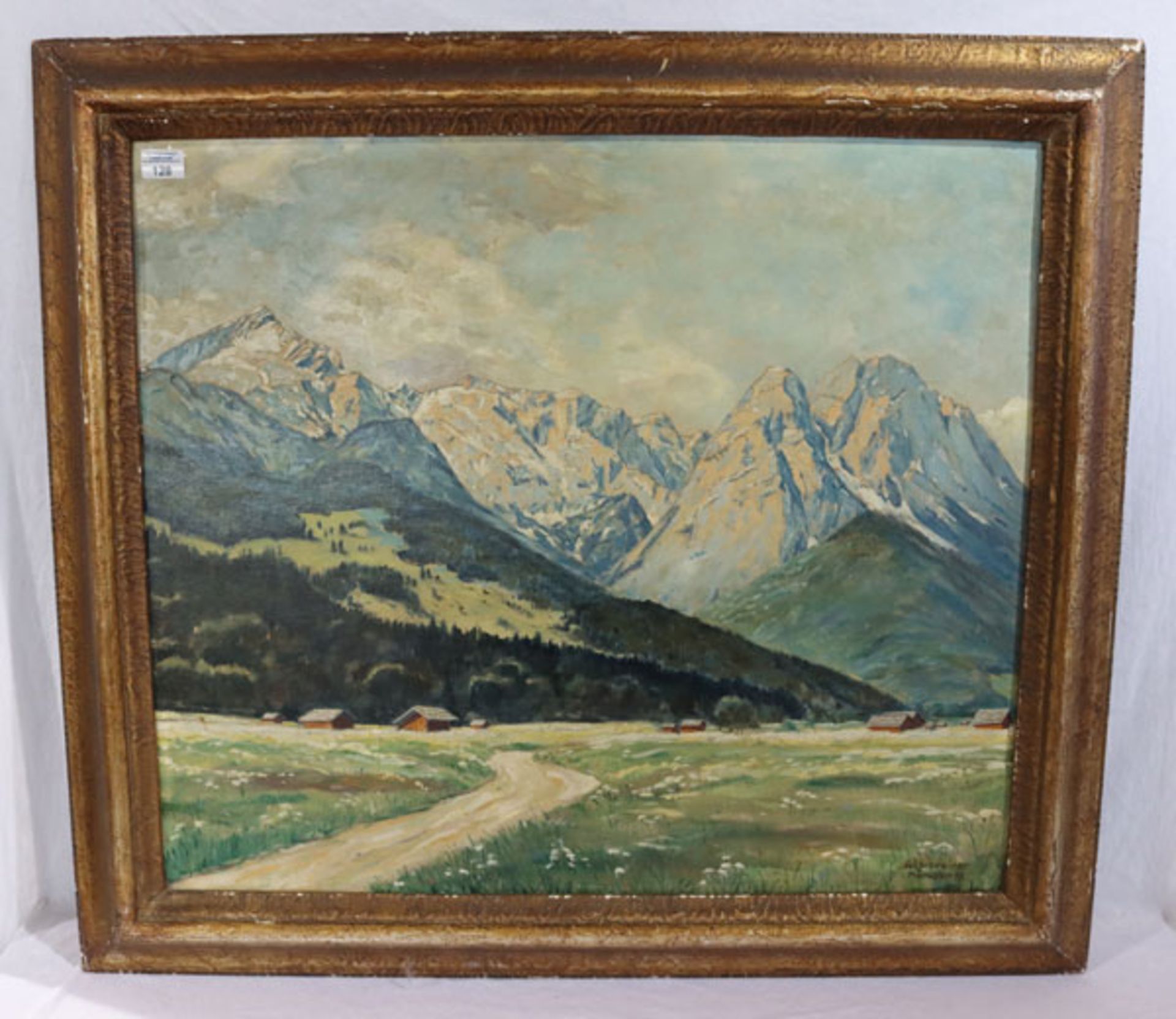 Gemälde ÖL/Hartfaser 'Blick auf das Wettersteingebirge', signiert Jul. Schreiner, München 43,