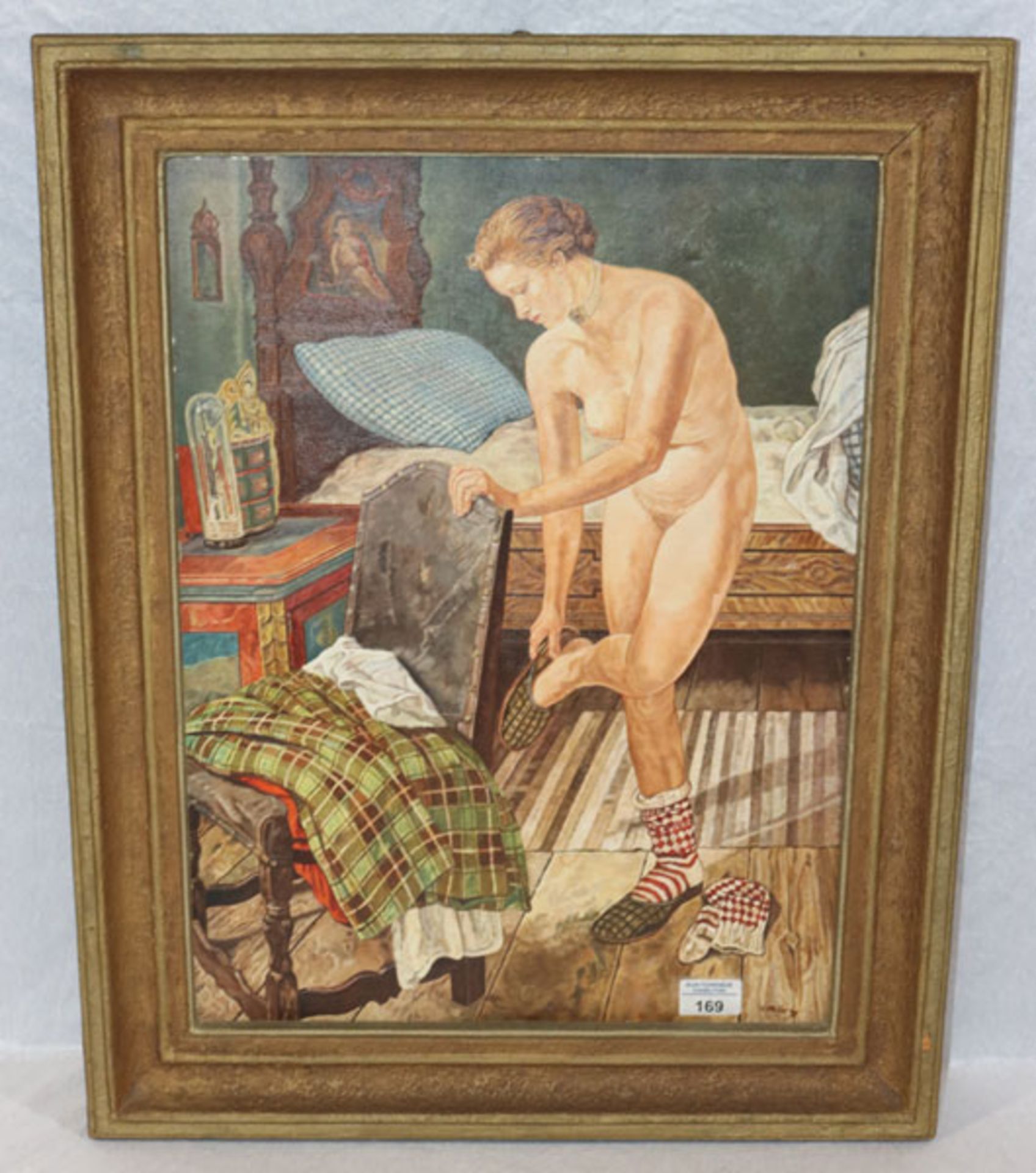 Gemälde ÖL/Hartfaser 'Frauenakt im Schlafzimmer', signiert J. März ?, gerahmt, Rahmen bestossen,