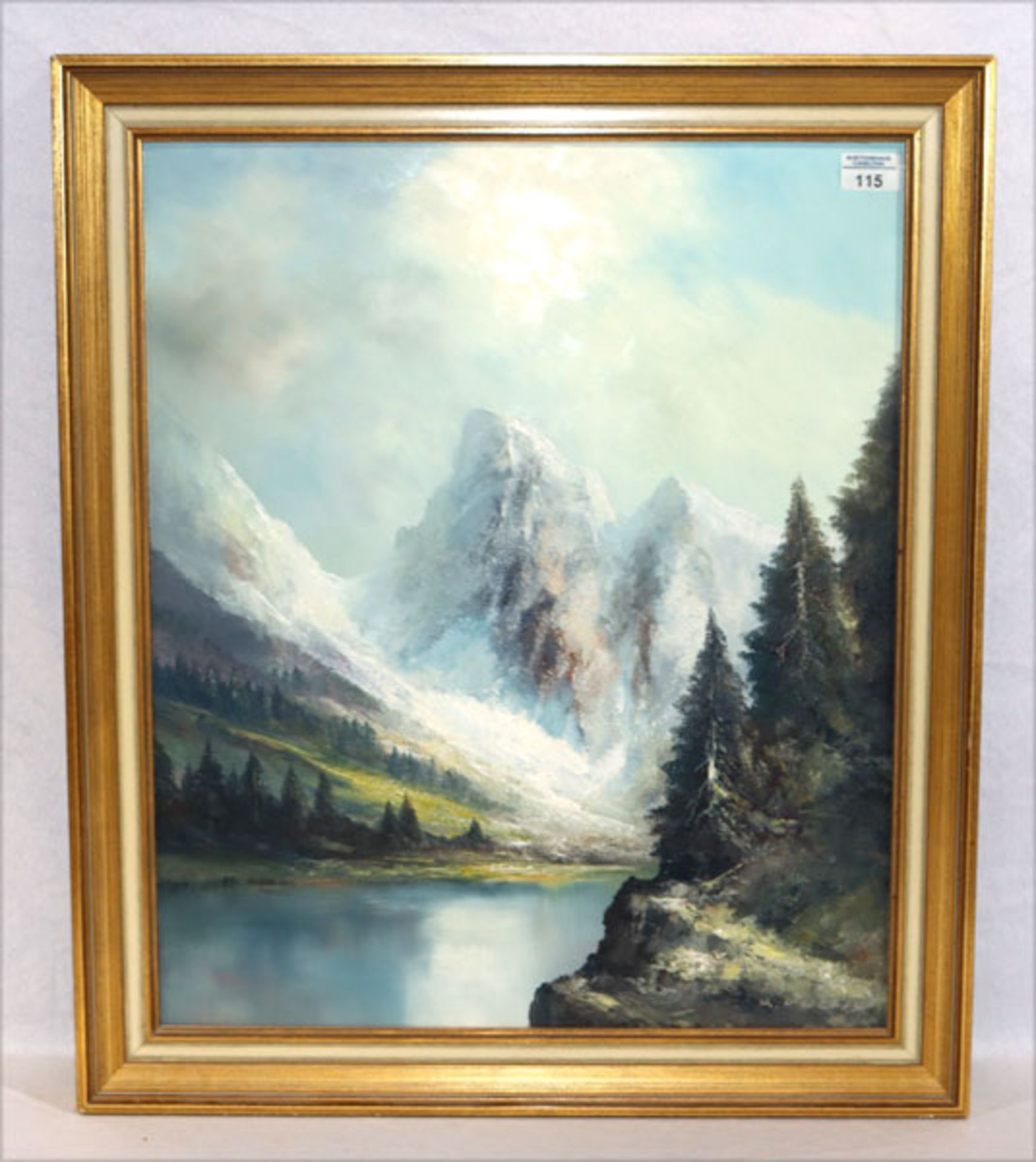 Gemälde ÖL/Hartfaser 'Hochgebirgs-Szenerie mit See', signiert Keizers, der Maler lebte um 1970