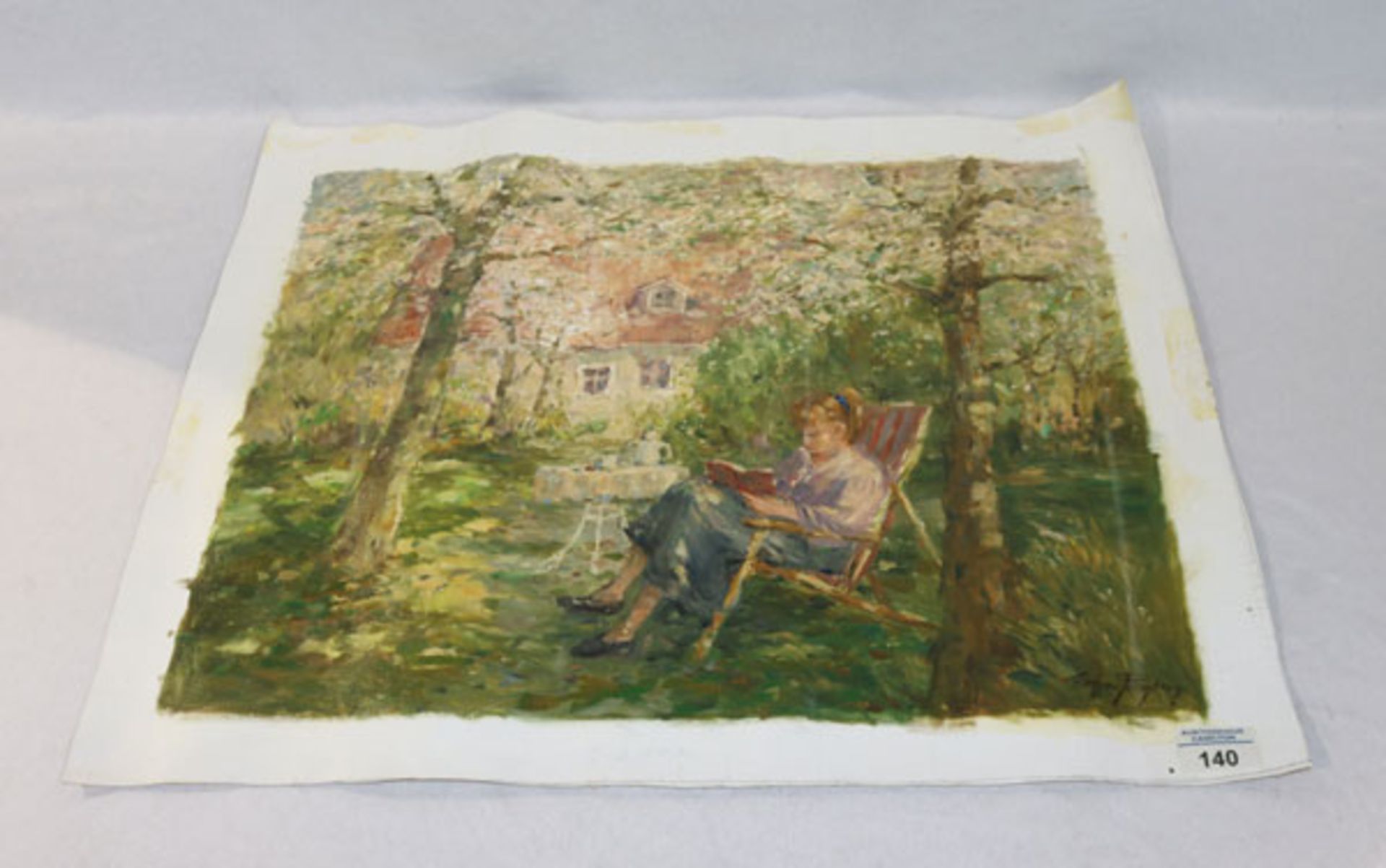 Gemälde ÖL/LW 'Lesende Dame im Garten', signiert Edgar Freyberg, * 1927 Berlin/Charlottenburg,