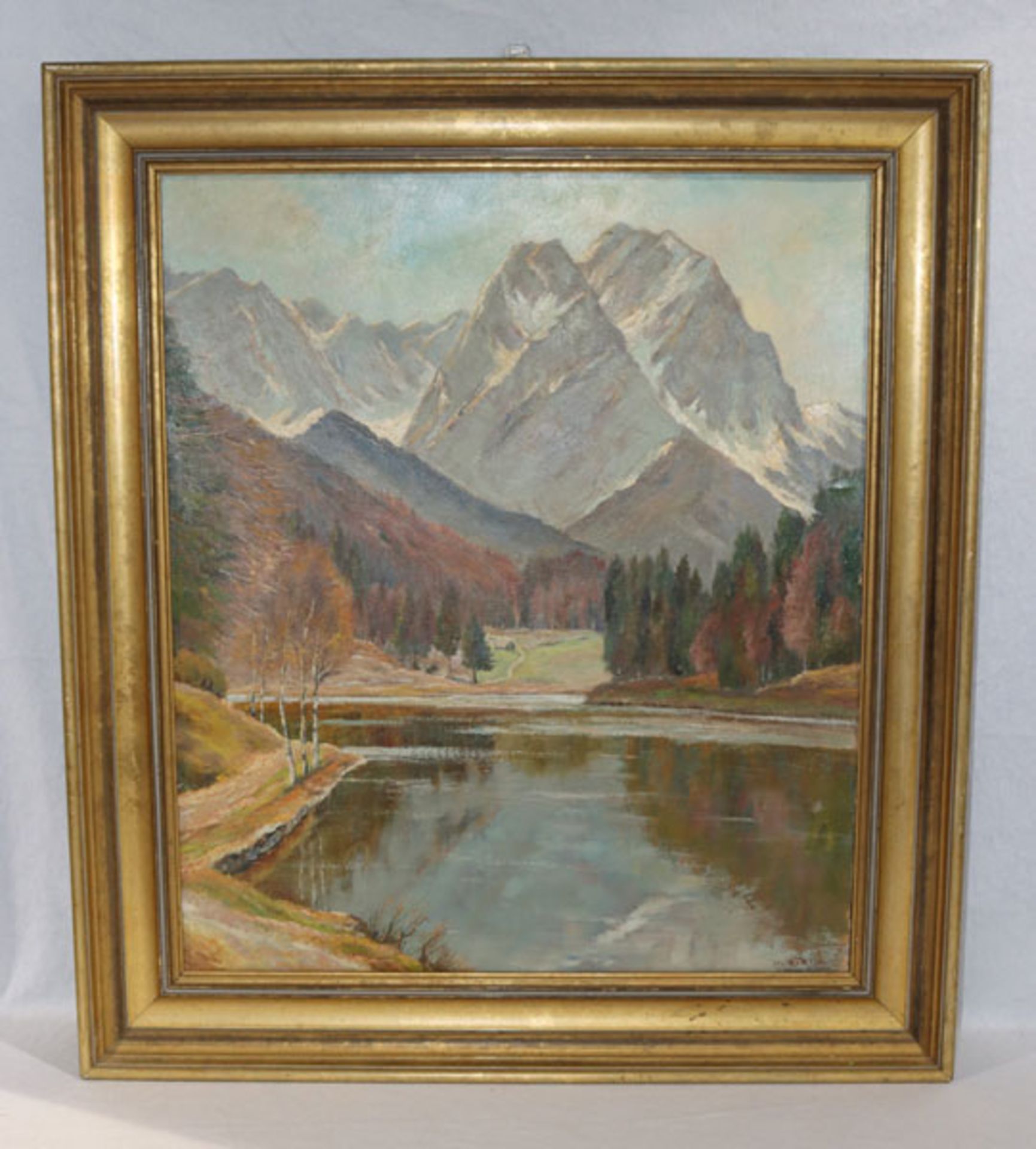 Gemälde ÖL/Malkarton 'Riessersee vor Wettersteingebirge', signiert Jos. Koch, Mch, Josef Koch,