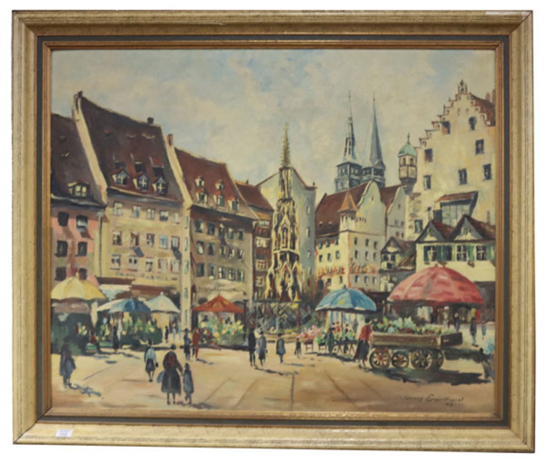 Gemälde ÖL/Hartfaser 'Nürnberger Hauptmarkt mit Brunnen', signiert Georg Engelhard, 48, gerahmt,