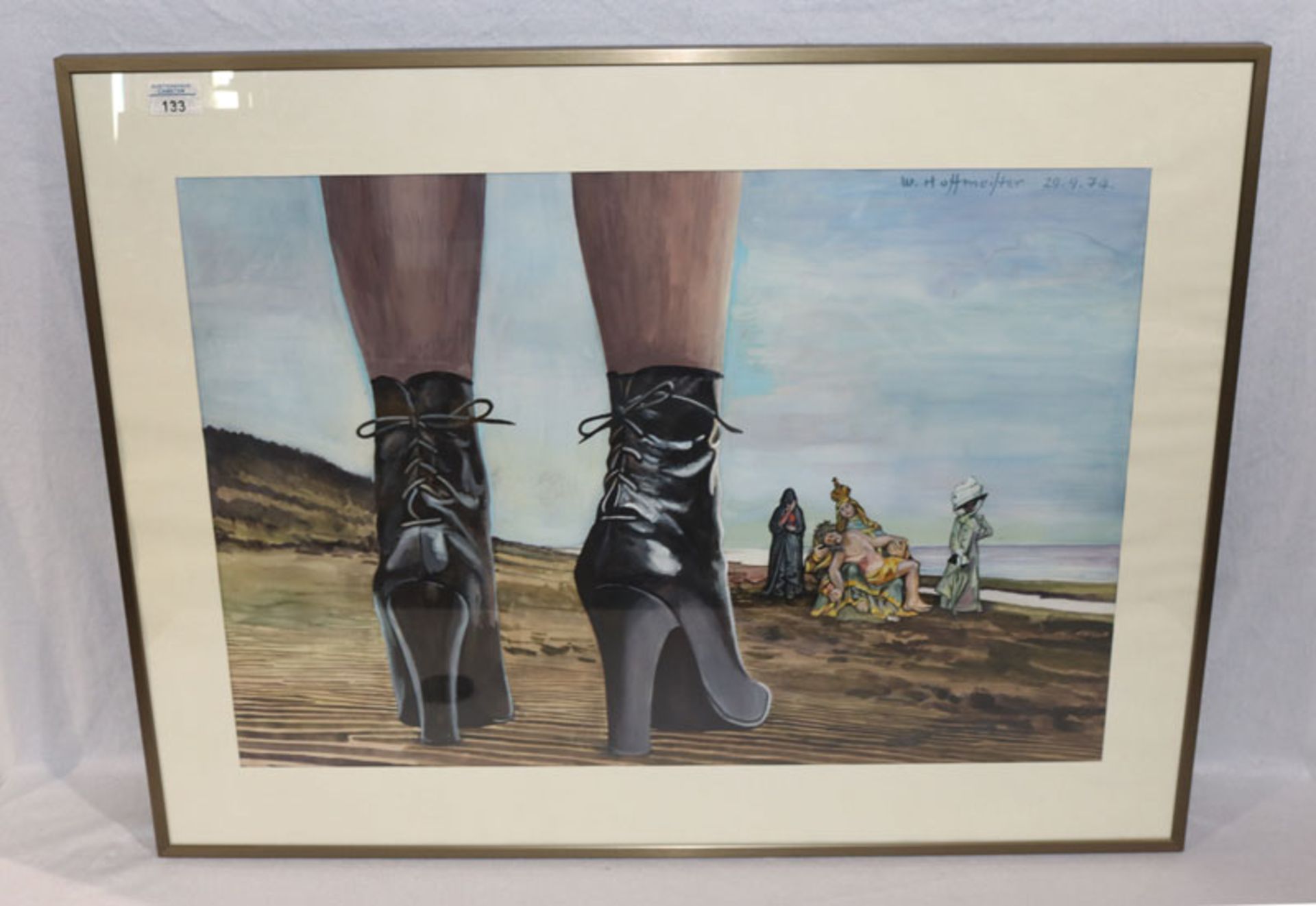 Gemälde Gouache 'Highheels', signiert W. (Wilhelm) Hoffmeister, 29.9.74, * 1908 Berlin + 1991