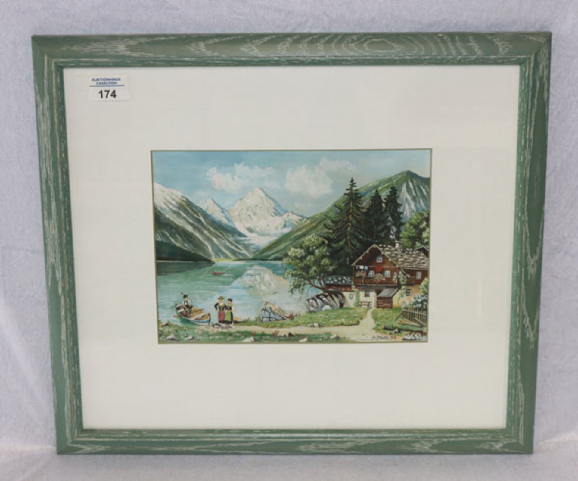 Gemälde Mischtechnik 'Bayerische Gebirgssee-Szenerie mit Haus', signiert K. Freund 1943, mit