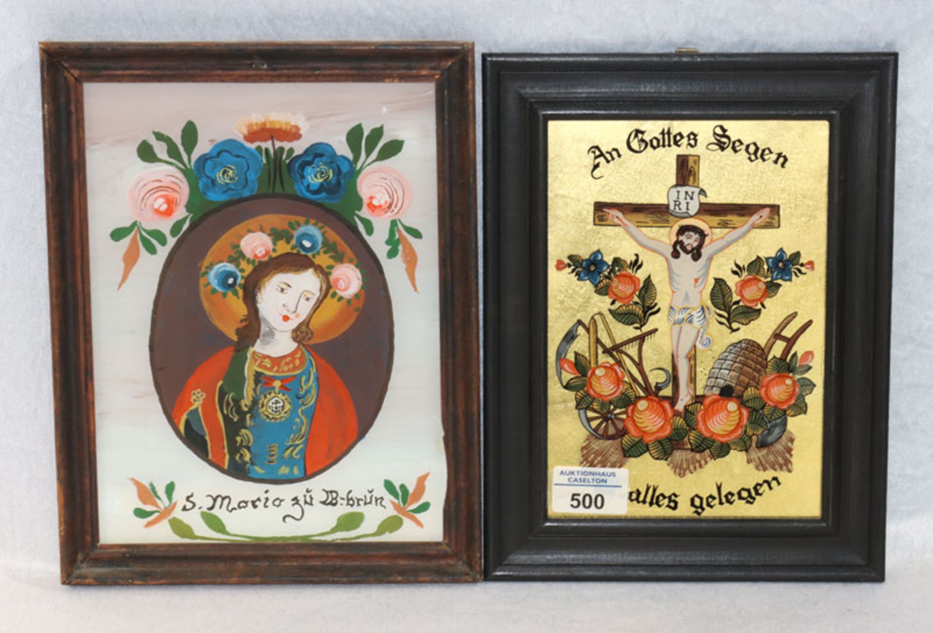 2 Hinterglasbilder 'An Gottes Segen alles gelegen' und 'S. Maria', beide gerahmt, incl. Rahmen 27 cm