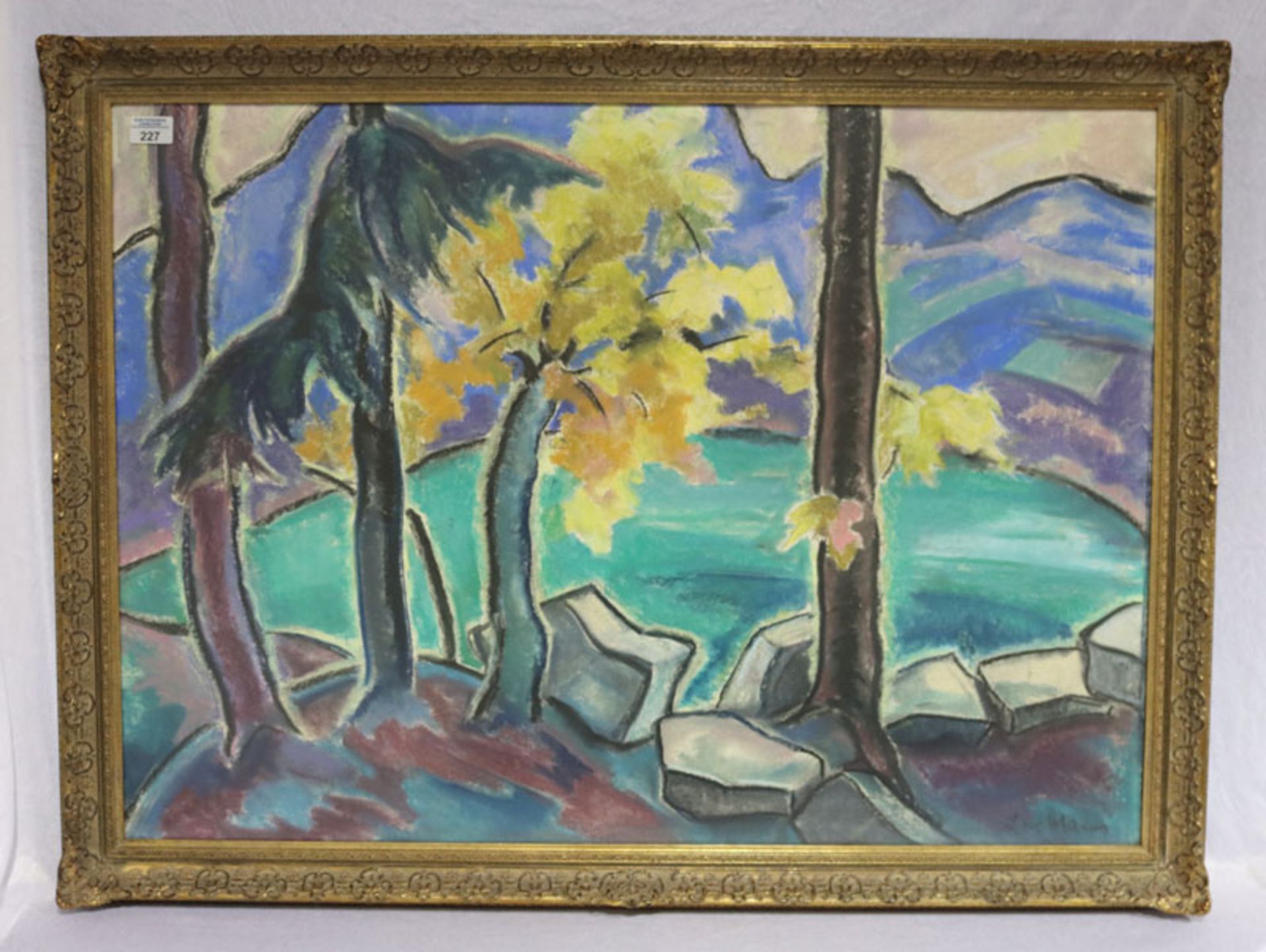 Gemälde Pastell 'Gebirgssee', signiert Lore Ma... ?, unter Kunststoff gerahmt, Rahmen leicht