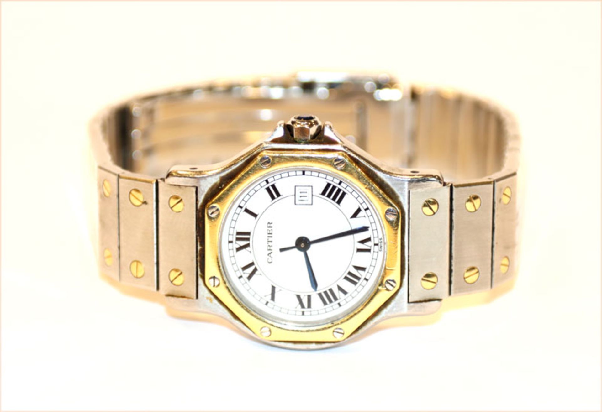 Cartier Santos Damen Armbanduhr, Automatik, Edelstahl/18k Gelbgold, weißes Zifferblatt mit