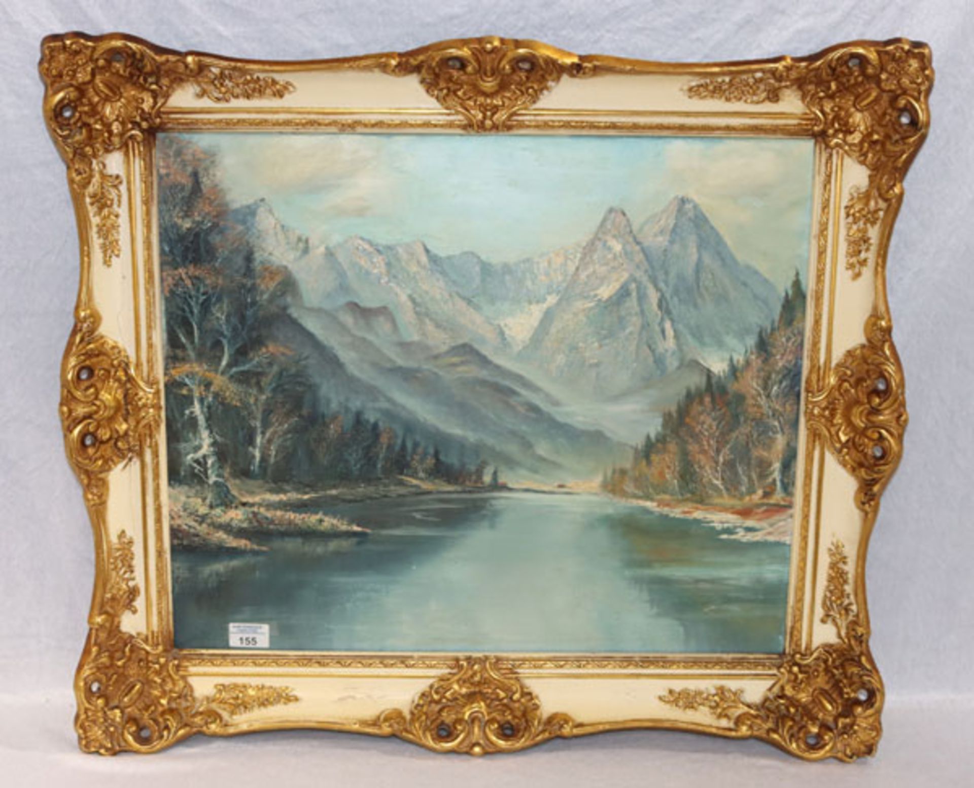 Gemälde ÖL/LW 'Riessersee mit Wettersteingebirge', gerahmt, Rahmen beschädigt und geklebt, incl.