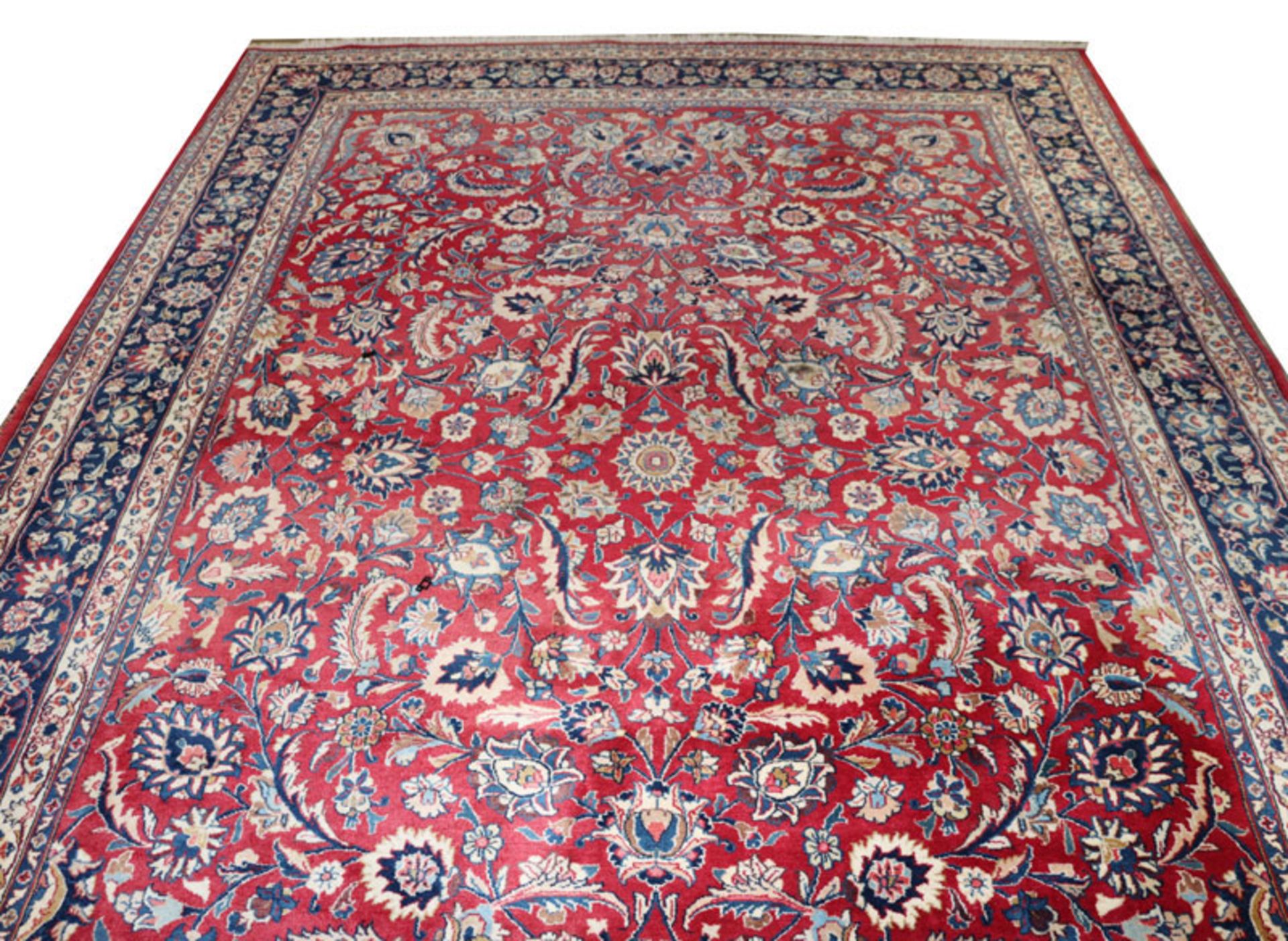 Teppich, Sarough, rot/blau/bunt, Gebrauchsspuren, teils fleckig, 334 cm x 237 cm