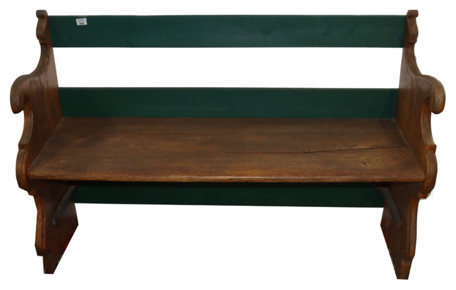Holz Sitzbank, Eiche, dunkel gebeizt, Lehne grün bemalt, H 90 cm, B 134 cm, T 44 cm,