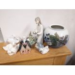 Three Lladro porcelain ornaments, a 6" high Royal Copenhagen vase and three other pieces. (7)