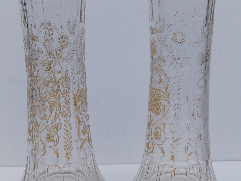 A pair of late 19thC floral engraved glass vases, of slender waisted form, 14.5" - gilding rubbed. - Image 5 of 7