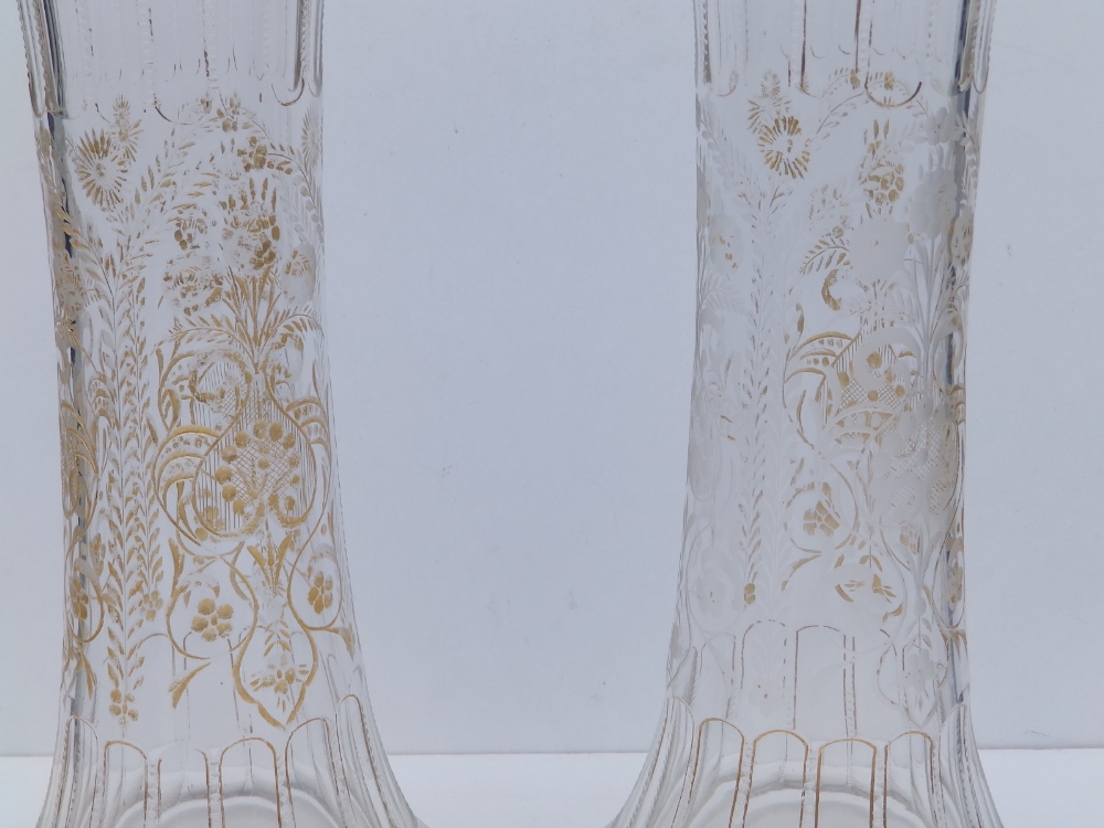 A pair of late 19thC floral engraved glass vases, of slender waisted form, 14.5" - gilding rubbed. - Image 4 of 7