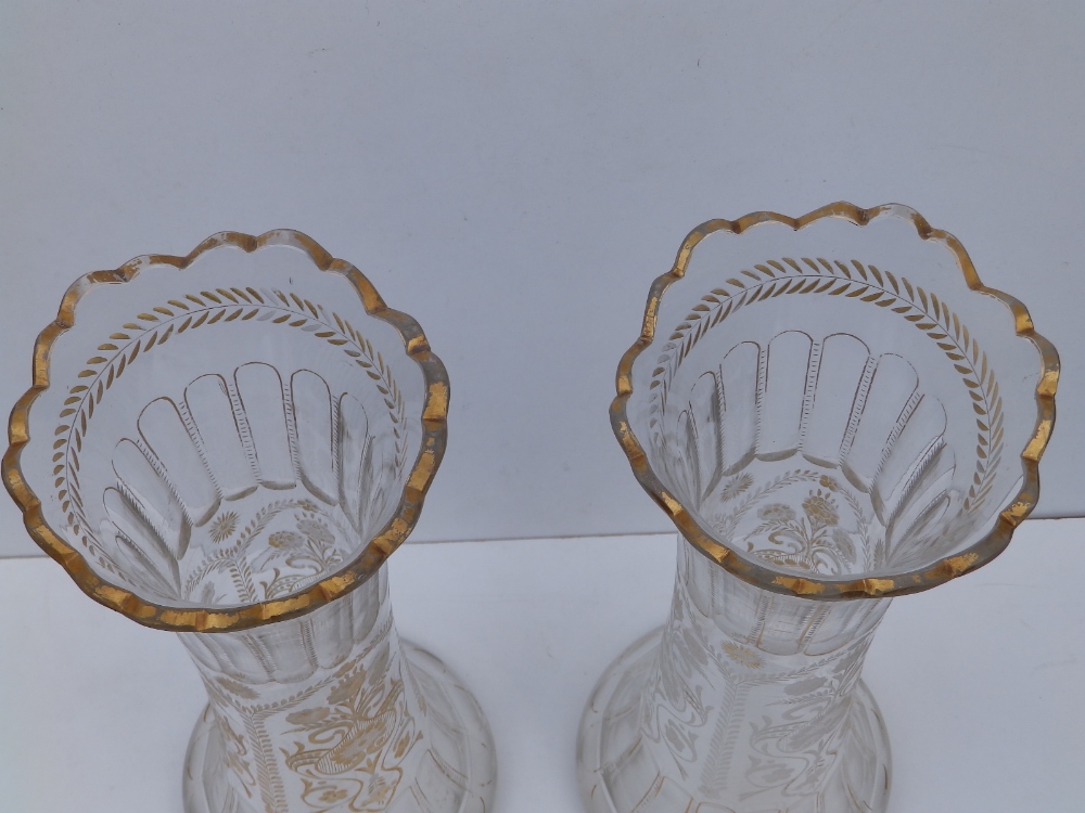 A pair of late 19thC floral engraved glass vases, of slender waisted form, 14.5" - gilding rubbed. - Image 3 of 7
