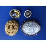 Two pearl set gold brooches and two others, the largest, 2.5". (4)