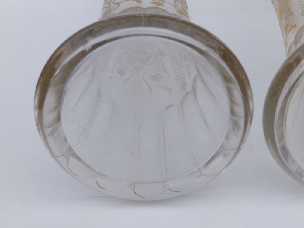 A pair of late 19thC floral engraved glass vases, of slender waisted form, 14.5" - gilding rubbed. - Image 6 of 7