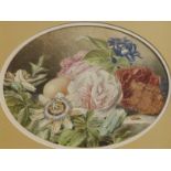 Late 19th/Early 20thC School - oval watercolour - Still life study of flowers and fruit on a ledge