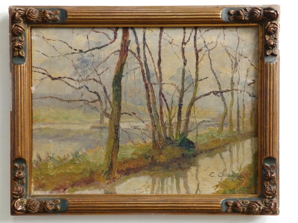 E Calberg - oil on canvas - Trees lining a river bank, signed - inscribed & dated verso, 17-2-24, - Image 2 of 4