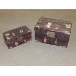 Two Chinese inlaid wood boxes, having shallow carved decoration and crude inlay, red painted