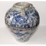 A 16thC Vietnamese blue & white jar, the short neck with four small loop handles onto round