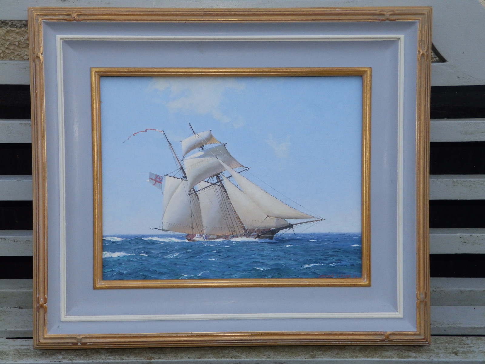 Stephen J. Card (born 1952) - oil on board - A sailing ship flying the white ensign in a stiff - Image 3 of 4