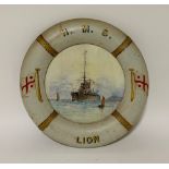 A circular watercolour ship's portrait of HMS Lion, 9.5" diameter, in painted wooden lifebuoy shaped
