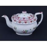 A New Hall porcelain teapot & cover in London shape painted with floral sprigs in rust red, pink &
