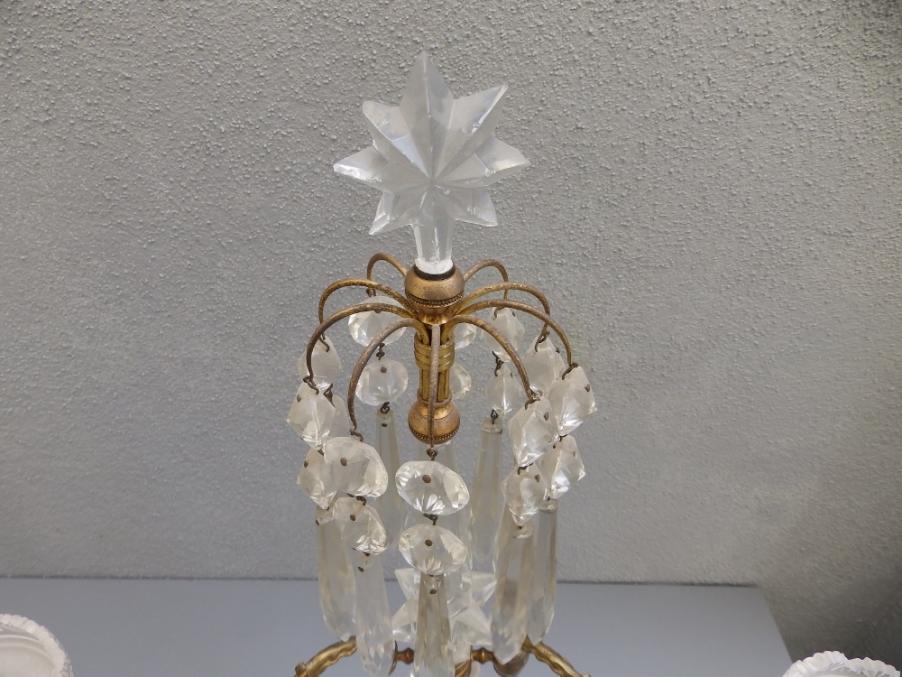 A pair of Regency cut glass ormolu mounted lustre candelabra, each having twin branches about a - Image 3 of 9
