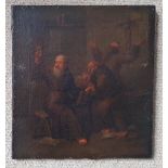 An antique oil on canvas - Interior scene with three monks, 14" x 13.5".